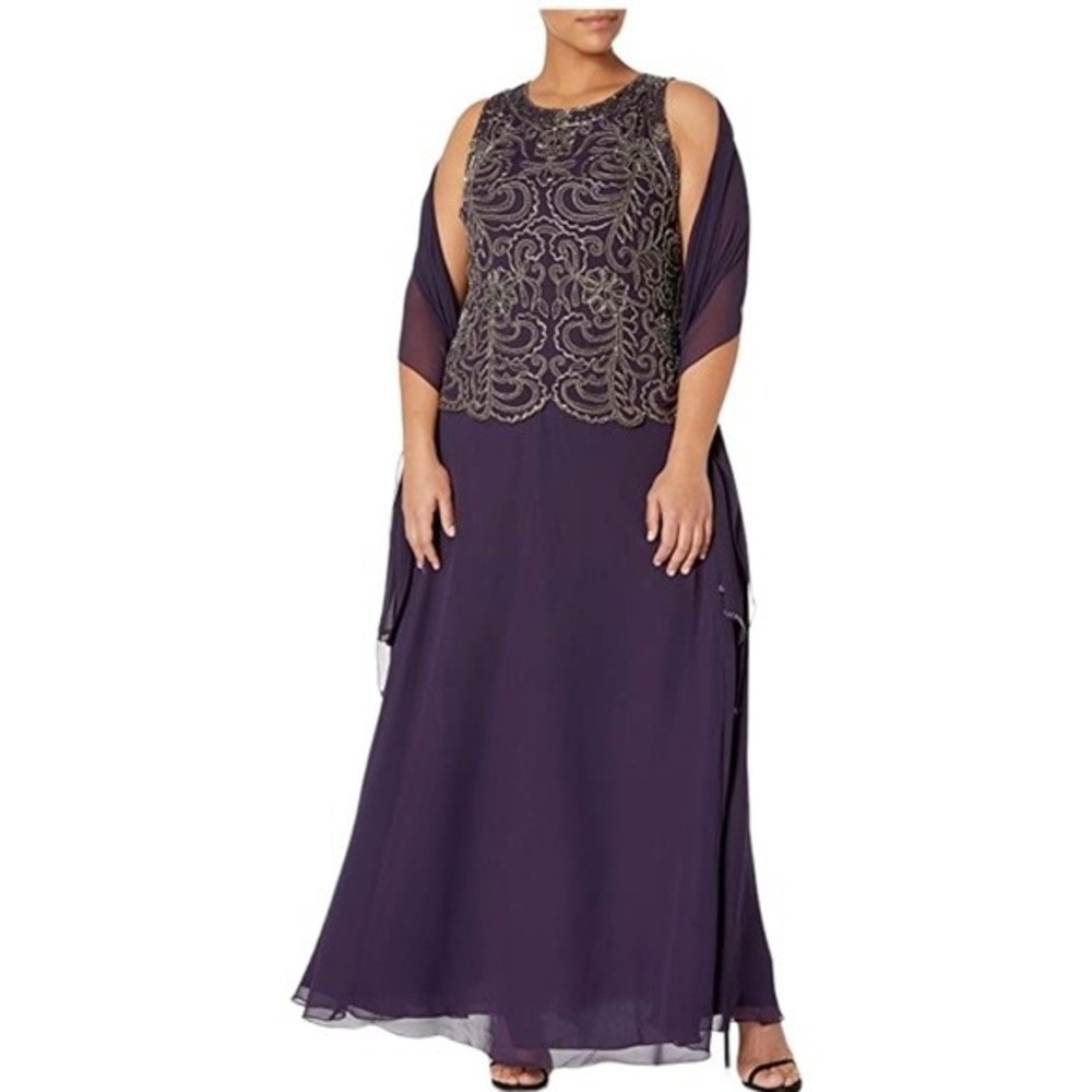 J Kara Beaded Sleeveless Long Dress with Scarf Deep Plum Chiffon NWT Size 16